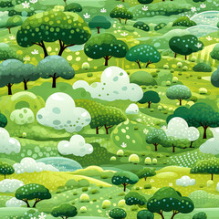 Seamless pattern with green hills and trees.