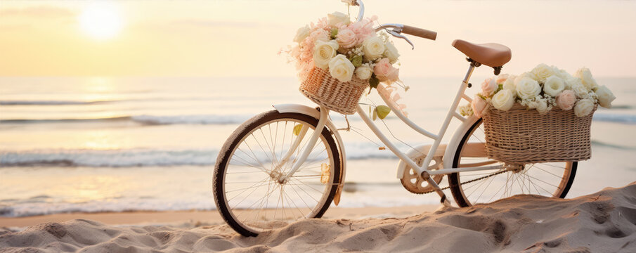 Vintage bicycle with flowers standing against summer sea background.