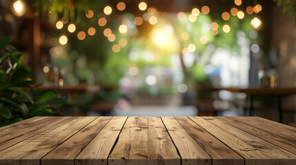 Restaurant background with blank Wooden table in 3d png transparent with no background for new product. Created using generative AI.