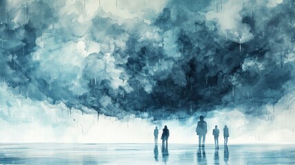 Some people stand under a rain cloud, depression and mental health, watercolor painting