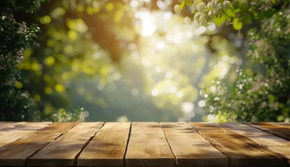 Fotobehang Outdoor background Wooden table in 3d png transparent using for product presentation. Created using generative AI. © Sun