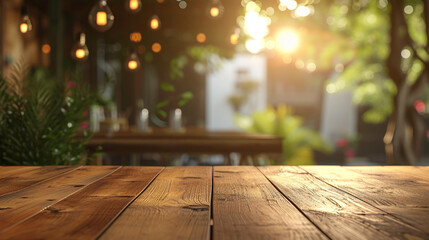 Cafe background with empty Wooden table in 3d png transparent no background for new product. Created using generative AI. - obrazy, fototapety, plakaty