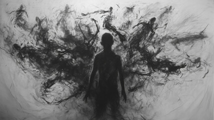 The silhouette of a person surrounded by black evil spirits, depression and mental health, charcoal drawing