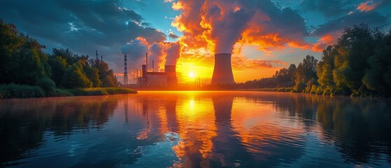 Nuclear power plant against sky by the river - obrazy, fototapety, plakaty