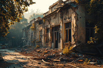 Sunlit Abandoned Street with Overgrown Foliage.