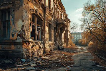 Fototapeta premium Sunlit Abandoned Street with Overgrown Foliage.