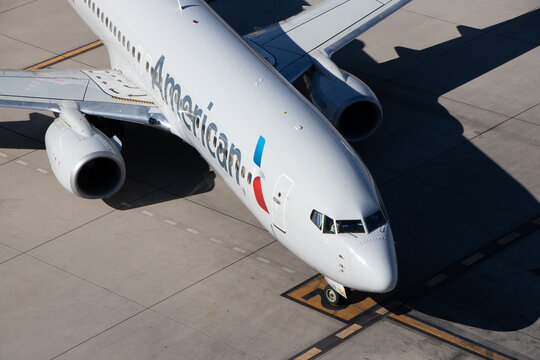 Aerial view of an American Airlines Boeing 737 at Phoenix Sky Harbor International Airport - Phoenix, Arizona, USA
