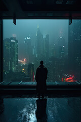 Fototapeta premium Silhouette of person standing in modern futuristic building against dark neon city