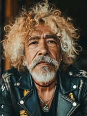 Photorealistic Old Latino Man with Blond Curly Hair vintage Illustration. Portrait of a person in Punk Subculture aesthetics. DIY fashion. Ai Generated Vertical Illustration.