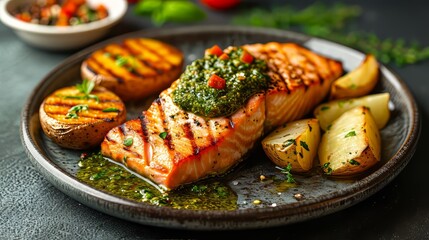 Salmon with Pesto and baked Potatoes