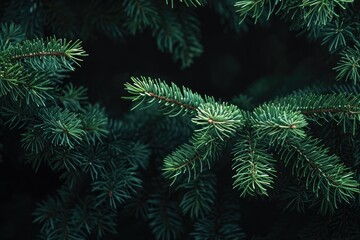 Green pine needles on a dark background