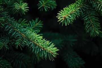 Fototapeta na wymiar Green pine needles on a dark background