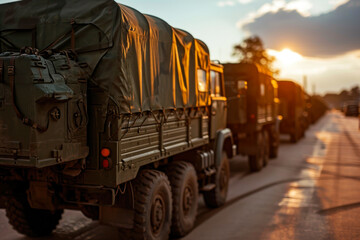 Military Convoy on Sunset Road. - obrazy, fototapety, plakaty
