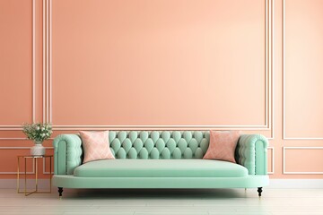 Classic peach wall adorned with white details, featuring a pastel green luxury sofa for an upscale presentation.