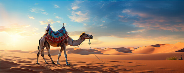 Cammels in dessert. Camel animals walking through a hot desert full of sand