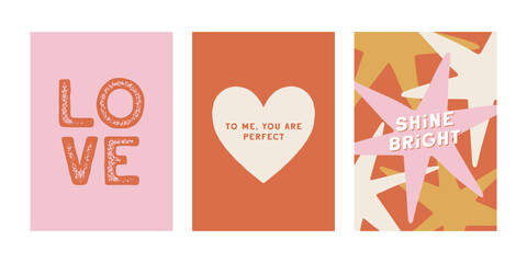 Set of hand drawn Valentines cards with cute stars and heart. Trendy modern greeting template. Lovely vector illustration for romantic holidays, Valentines design, festive prints. Charming posters