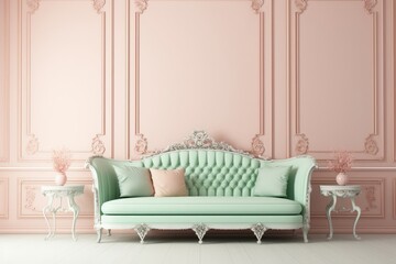 Peach colored wall with white elements, complemented by a pastel green luxury sofa for a sophisticated mock-up backdrop.