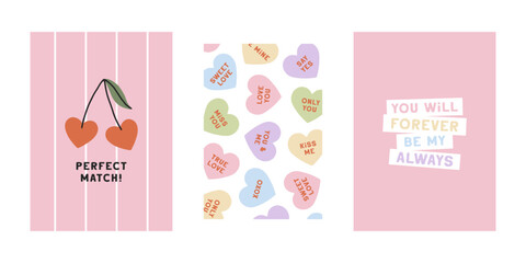 Fototapeta premium Set of hand drawn Valentines cards with cute cherry, candy hearts. Trendy modern greeting template. Lovely vector illustration for romantic holidays, Valentines design, prints. Lovely posters set