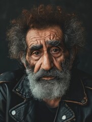 Photorealistic Old Persian Man with Brown Curly Hair vintage Illustration. Portrait of a person in Punk Subculture aesthetics. DIY fashion. Ai Generated Vertical Illustration.