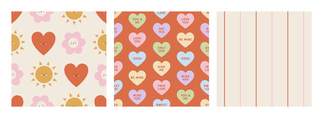 Set of Valentines vector seamless patterns. Trendy modern romantic background. Lovely cartoon patterns with flowers, suns, hearts, lines for nursery, Valentines designs, romantic holidays, fabrics
