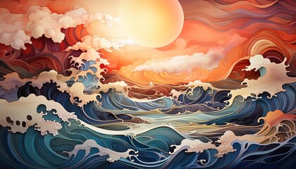 Dynamic Generative AI Seascape with Waves and Sunset, an Artistic Confluence of Motion and Color in Digital Art Form by Generative AI