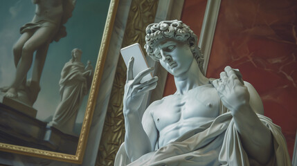 Marble antique statue engrossed in a smartphone, juxtaposing ancient wisdom with modern tech	
