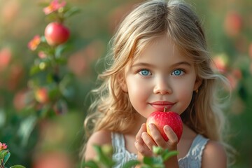 A young girl with a human face gazes sweetly at the camera, her strawberry blonde hair cascading over her shoulder as she cradles a vibrant red apple in her hands, embodying innocence and simplicity 