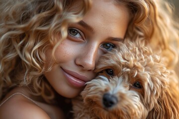 A brown-haired woman strikes a playful pose with her beloved labradoodle, a joyful poodle crossbreed that embodies the perfect mix of loyalty and spunk