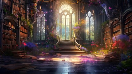 Enchanting library interior with magical glowing plants and books. Fantasy and imagination. - obrazy, fototapety, plakaty