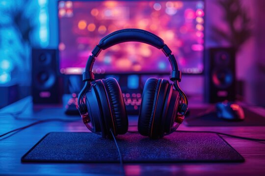 Headphones on a high-tech gamer's desk with a computer screen turned on. Casque audio pos&eacute; sur un bureau de gamer hi tech avec un &eacute;cran d'ordinateur allum&eacute;.