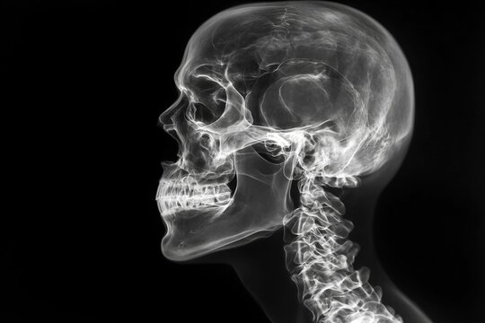 X-ray profile of a skull. Radio de profil d'un cr&acirc;ne aux rayons X.
