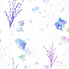 Palm Sunday pattern. Spring theme. Crocuses, willow branches, leaves, splashes on white background. Looks good on textyle, kitchen towels. wrapping paper, scrapbooking.