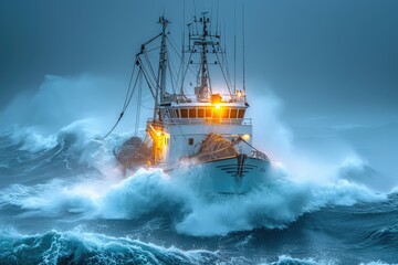 A solitary boat sails through the vast expanse of the open sea, its wooden hull reflecting the endless sky and the gentle waves guiding it towards distant shores