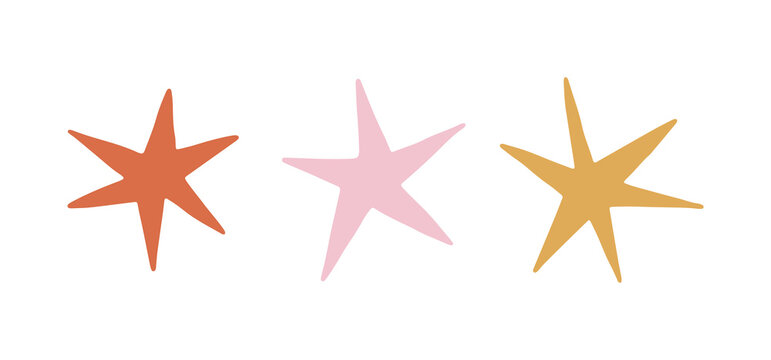 Cute set of hand drawn vector stars isolated on white background. Lovely celestial elements for Valentines day, festive design, romantic holidays. Charming cosmic illustrations in flat style