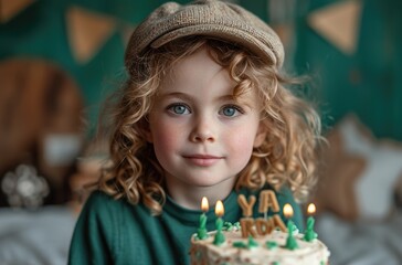 A joyful toddler wearing a whimsical hat eagerly blows out the candles on her intricately decorated birthday cake, surrounded by the warmth and love of her family and friends
