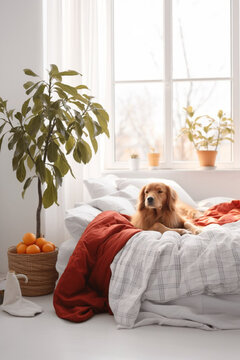 red dog lies on the owner's bed