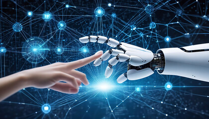 A robot and a human touch hands against the backdrop of a big data network connection, symbolizing the convergence of AI, machine learning, and human expertise

