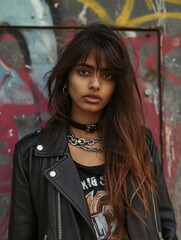 Naklejka premium Photorealistic Teen Indian Woman with Brown Straight Hair vintage Illustration. Portrait of a person in Punk Subculture aesthetics. DIY fashion. Ai Generated Vertical Illustration.