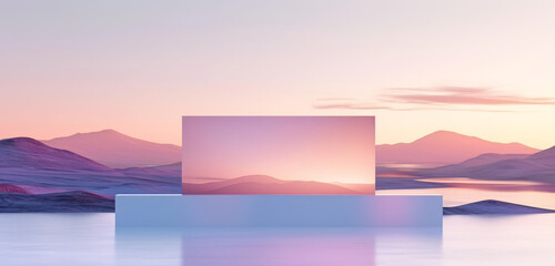 Pastel purple and pink hues paint a tranquil digital landscape with a pedestal for product placement.