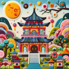 Obraz na płótnie Canvas felt art patchwork, Chinese temple in the garden