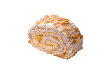 A piece of delicious sweet meringue roll with mascarpone cheese, berries and almonds