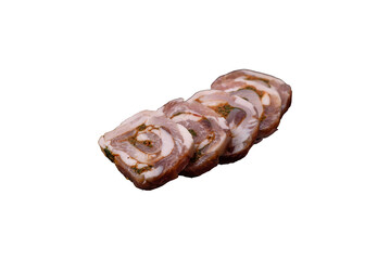 Delicious meatloaf with lard, salt, spices and herbs cut into slices