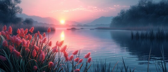 Serene landscape at dawn, soft pastel colors blending with the morning light