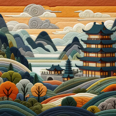 felt art patchwork, mountains host Chinese ancient architecture