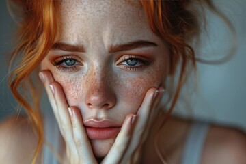 A fiery-haired woman gazes into the camera, her delicate features highlighted by freckles and long eyelashes, evoking a sense of vulnerability and raw beauty in this striking closeup portrait