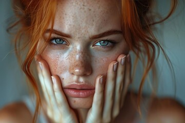 Captivating portrait of a freckled woman, her delicate hands framing her face, highlighting her unique beauty and vulnerable emotion