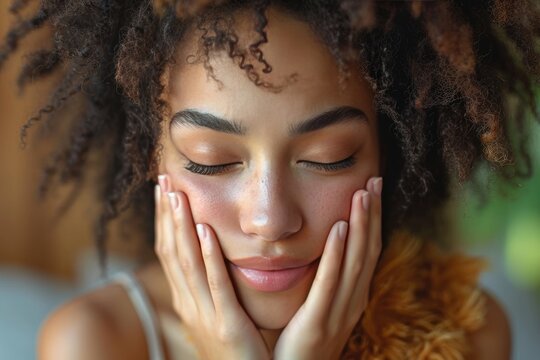 A stunning woman with her eyes closed, adorned with jheri curls and dreadlocks, touches her cheeks as her long lashes and bold eyebrows frame her flawless skin and rosy lips, exuding confidence and b