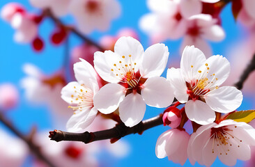 Cherry blossoms flowers in blooming on branch on pink background. Spring and romantic Sakura, apple tree. Sky background