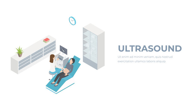 Ultrasonography male medical diagnostics internal organs checkup flat 3d isometry isometric healthcare web concept. Doctor room interior US ultrasonic ultrasound diag. Creative people collection.