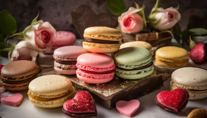 Fototapeta na wymiar valentine's day french macaroons, macarons, red, pink and white assortment of romantic dessert, roses and heart sprinkles